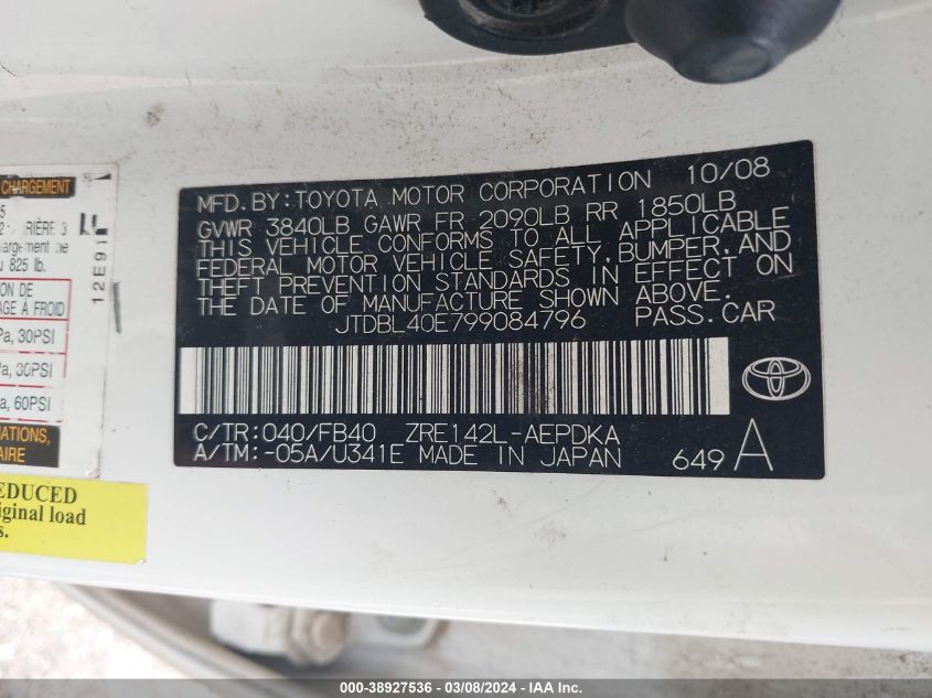 2009 Toyota Corolla VIN: JTDBL40E799084796 Lot: 38927536