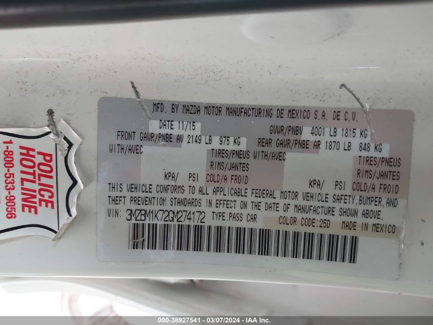 2016 MAZDA MAZDA3 I SPORT - 3MZBM1K72GM274172