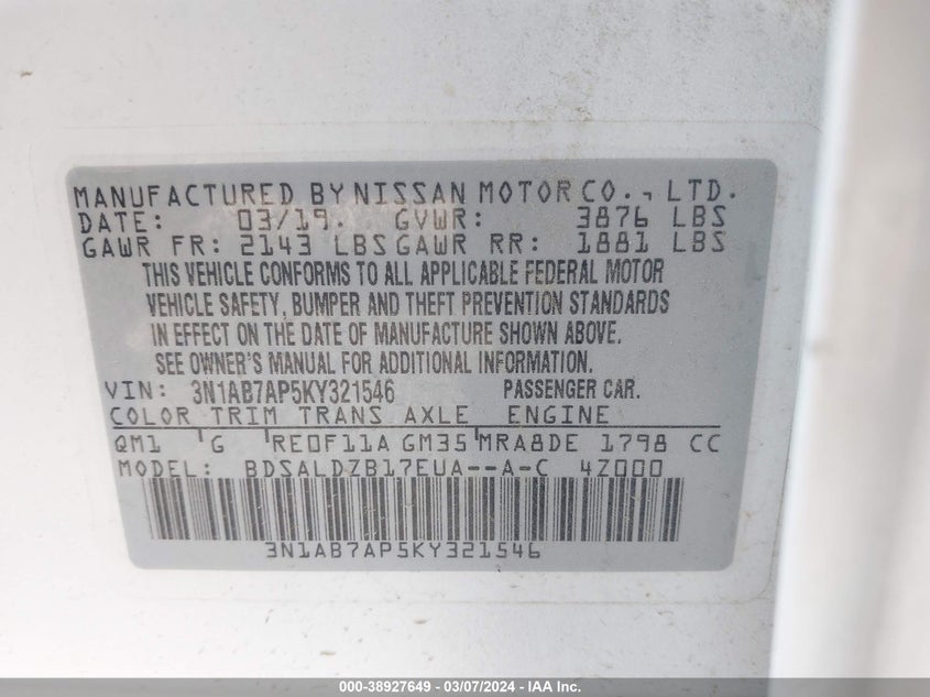 VIN 3N1AB7AP5KY321546 2019 NISSAN SENTRA SV