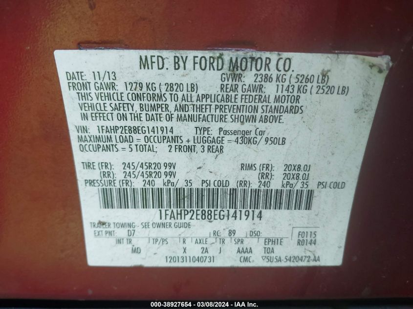 2014 Ford Taurus Sel VIN: 1FAHP2E88EG141914 Lot: 38927654