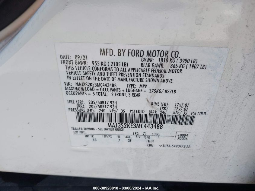 2021 FORD ECOSPORT TITANIUM - MAJ3S2KE3MC443488