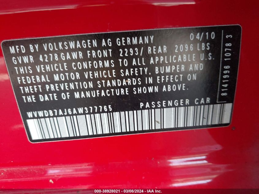 WVWDB7AJ6AW377765 2010 Volkswagen Golf 4-Door