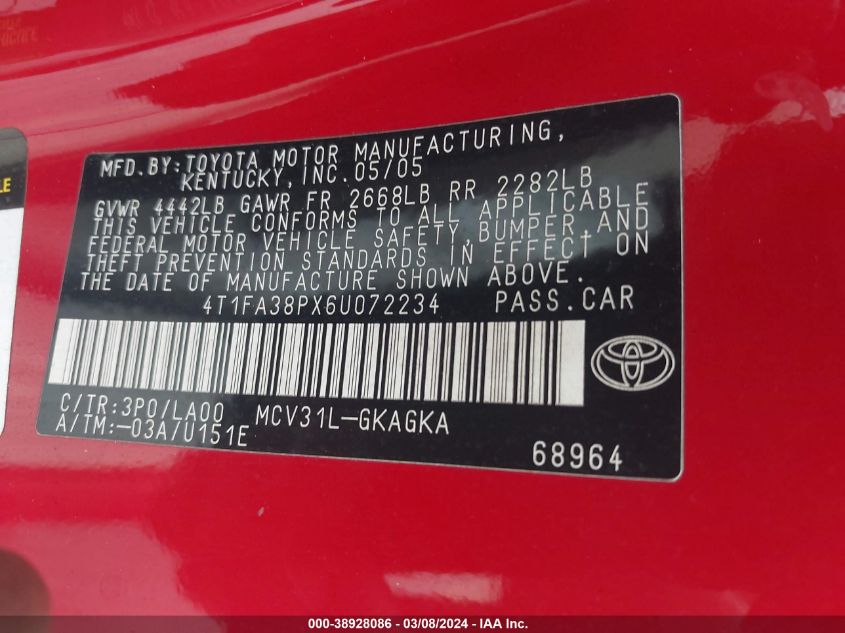 2006 Toyota Camry Solara Sle VIN: 4T1FA38PX6U072234 Lot: 38928086