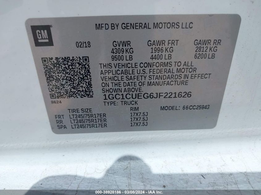 2018 Chevrolet Silverado 2500Hd Wt VIN: 1GC1CUEG6JF221626 Lot: 38928186
