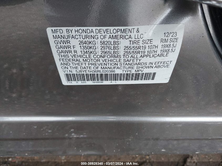 2024 Acura Mdx Standard VIN: 5J8YE1H36RL020386 Lot: 38928345