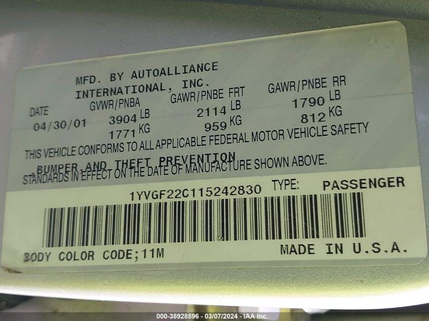 2001 Mazda 626 Es/Lx VIN: 1YVGF22C115242830 Lot: 38928596