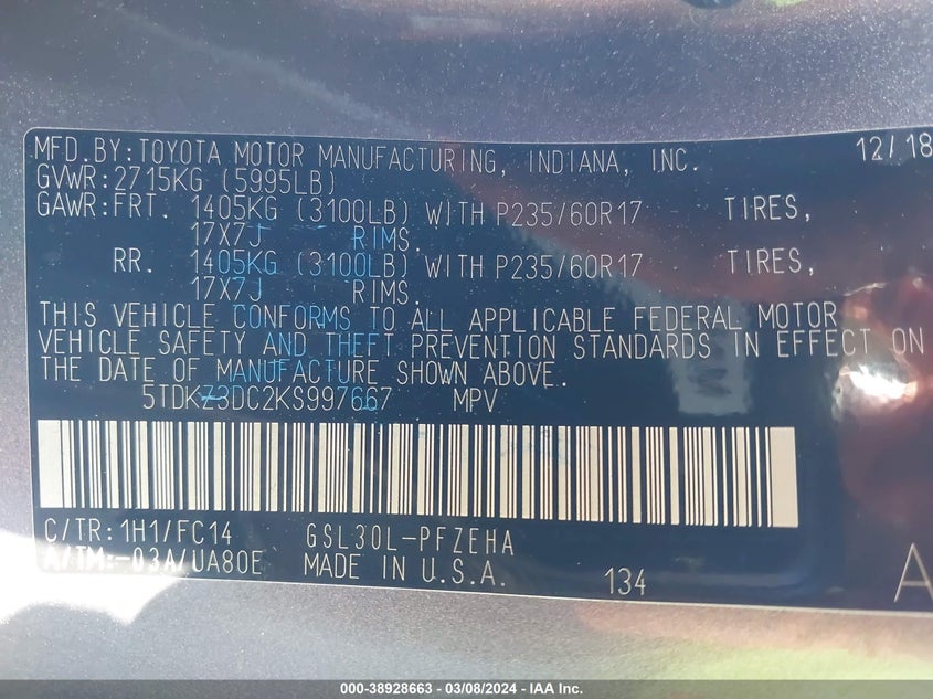 VIN 5TDKZ3DC2KS997667 2019 TOYOTA SIENNA LE