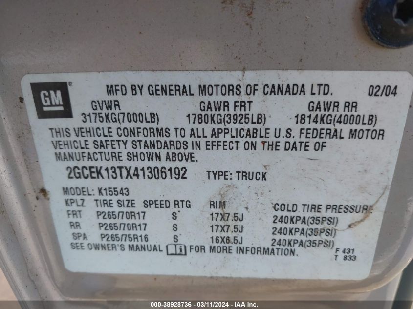 2004 Chevrolet Silverado 1500 Z71 VIN: 2GCEK13TX41306192 Lot: 38928736