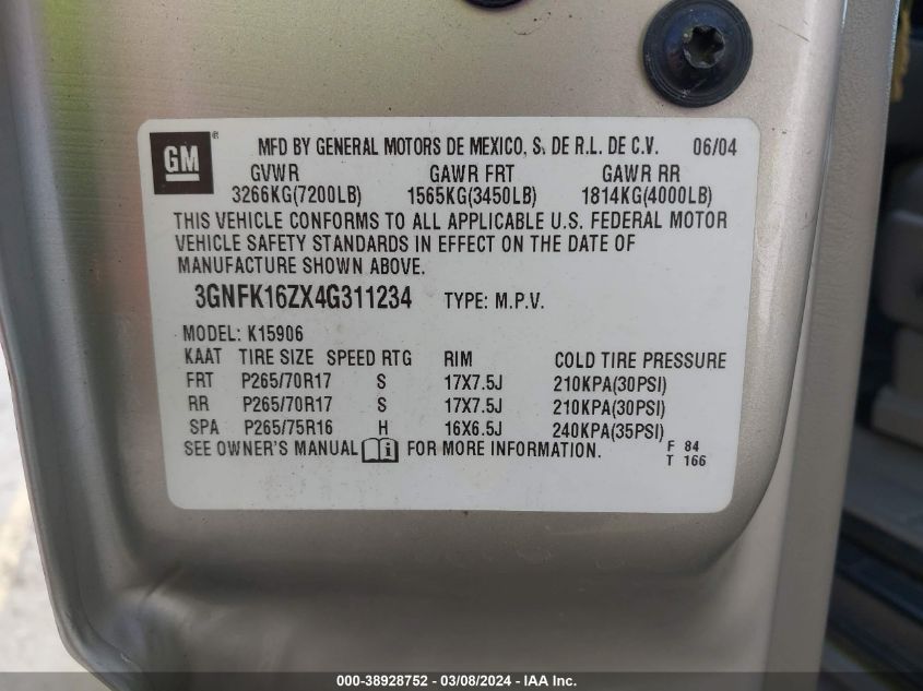2004 Chevrolet Suburban 1500 Z71 VIN: 3GNFK16ZX4G311234 Lot: 38928752