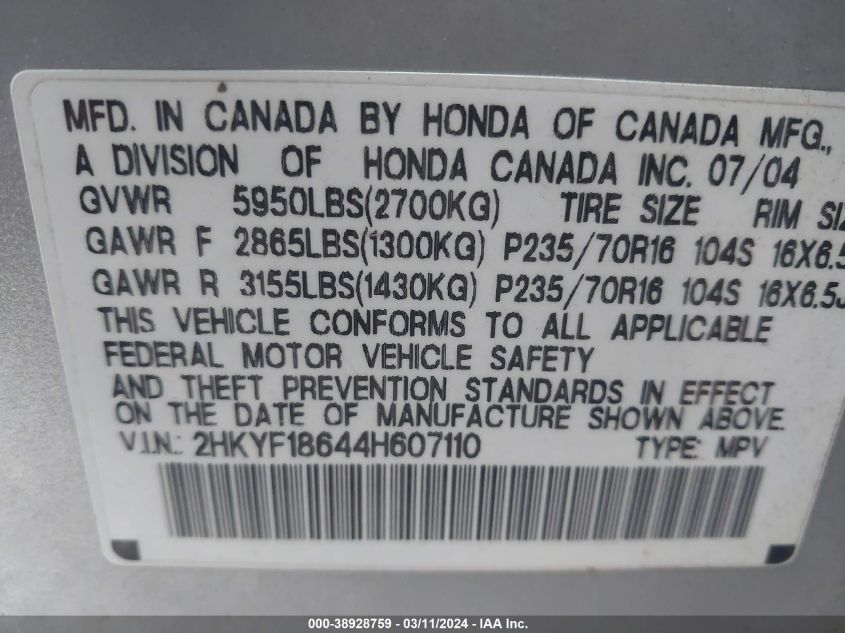 2004 Honda Pilot Ex-L VIN: 2HKYF18644H607110 Lot: 38928759