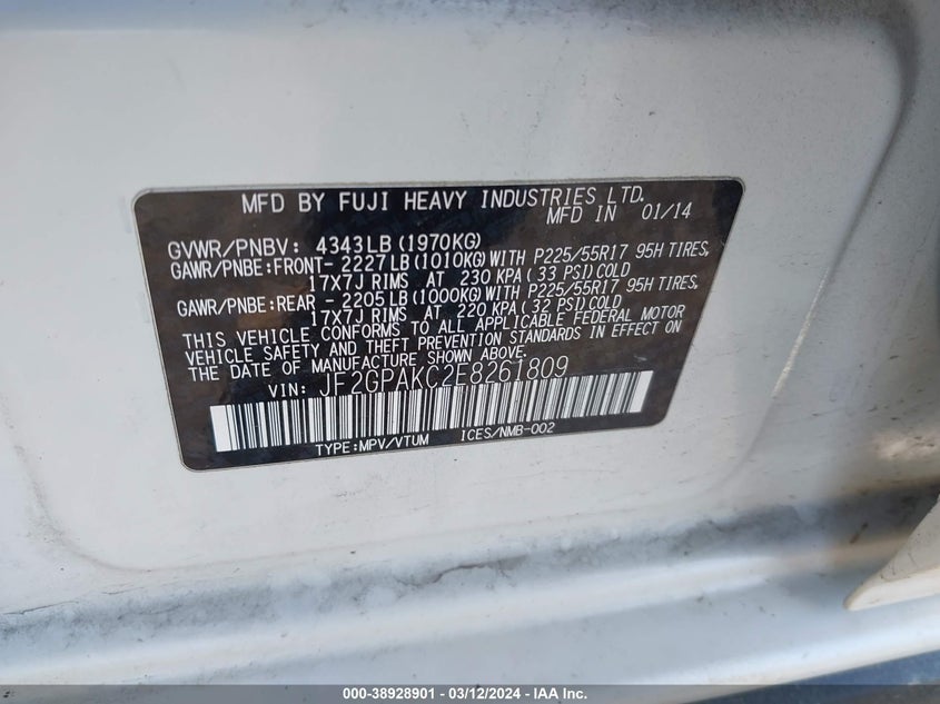 2014 SUBARU XV CROSSTREK 2.0I LIMITED - JF2GPAKC2E8261809