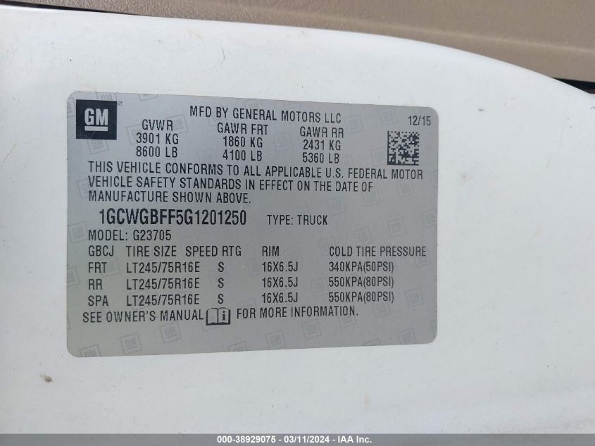 2016 Chevrolet Express 2500 Work Van VIN: 1GCWGBFF5G1201250 Lot: 38929075