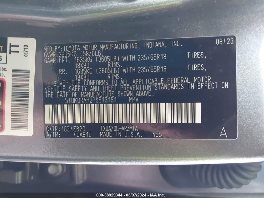 VIN 5TDKDRAH2PS513151 2023 TOYOTA HIGHLANDER L/LE/XLE/LIMITED/PLATINUM