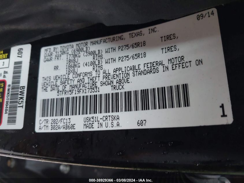 5TFRY5F19FX173531 2015 Toyota Tundra Sr5 5.7L V8