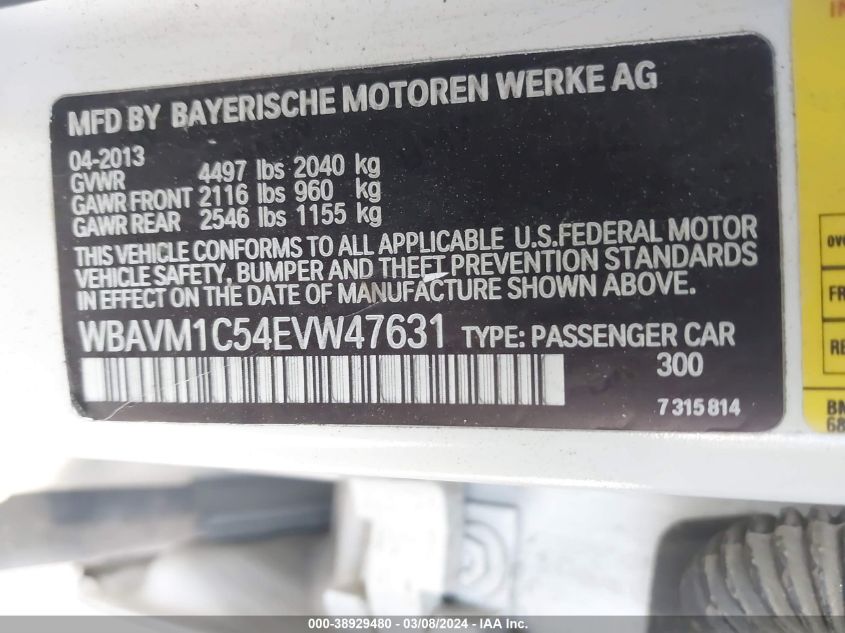 2014 BMW X1 Sdrive28I VIN: WBAVM1C54EVW47631 Lot: 38929480