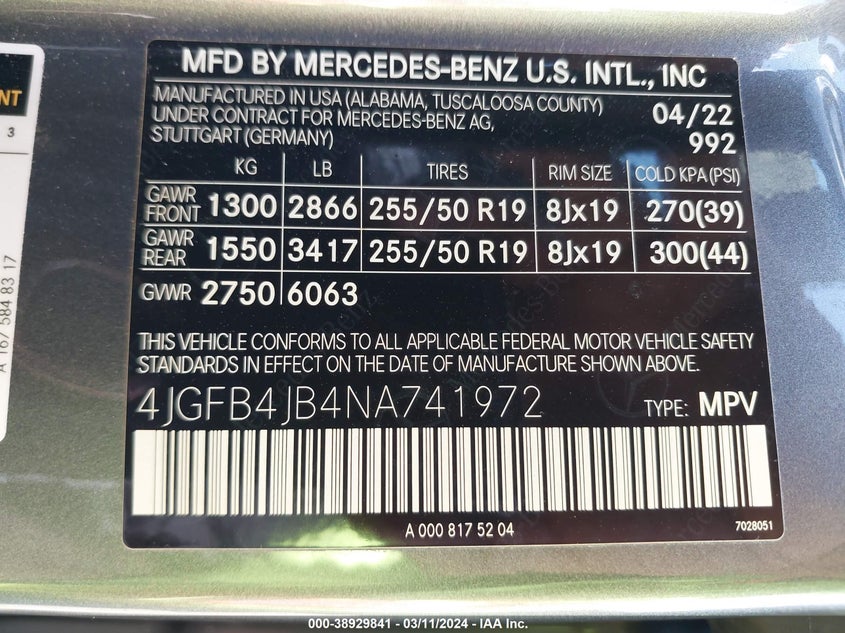 2022 MERCEDES-BENZ GLE 350 VIN: 4JGFB4JB4NA741972