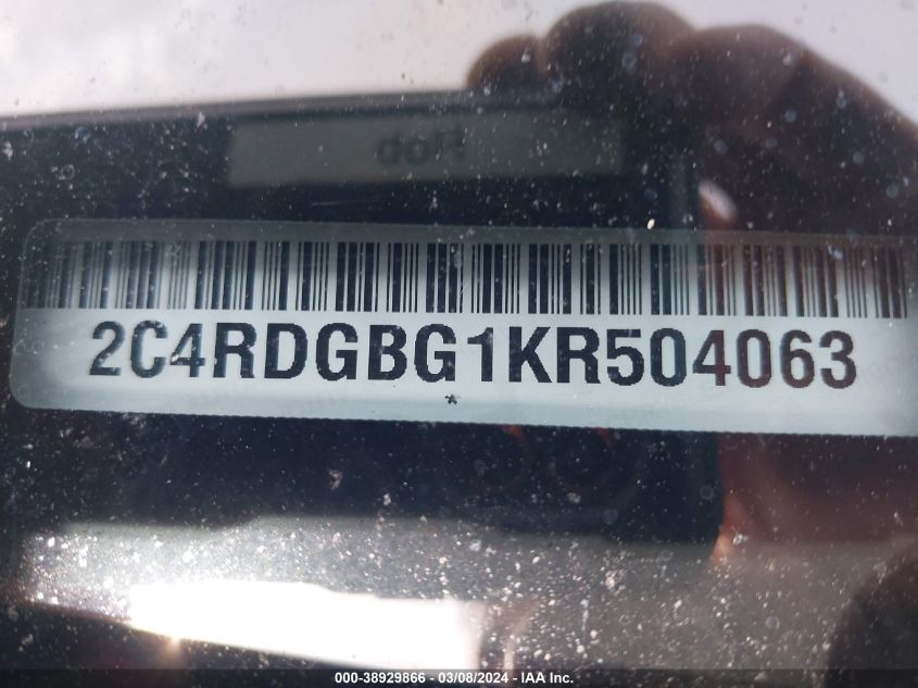 2019 Dodge Grand Caravan Se VIN: 2C4RDGBG1KR504063 Lot: 38929866