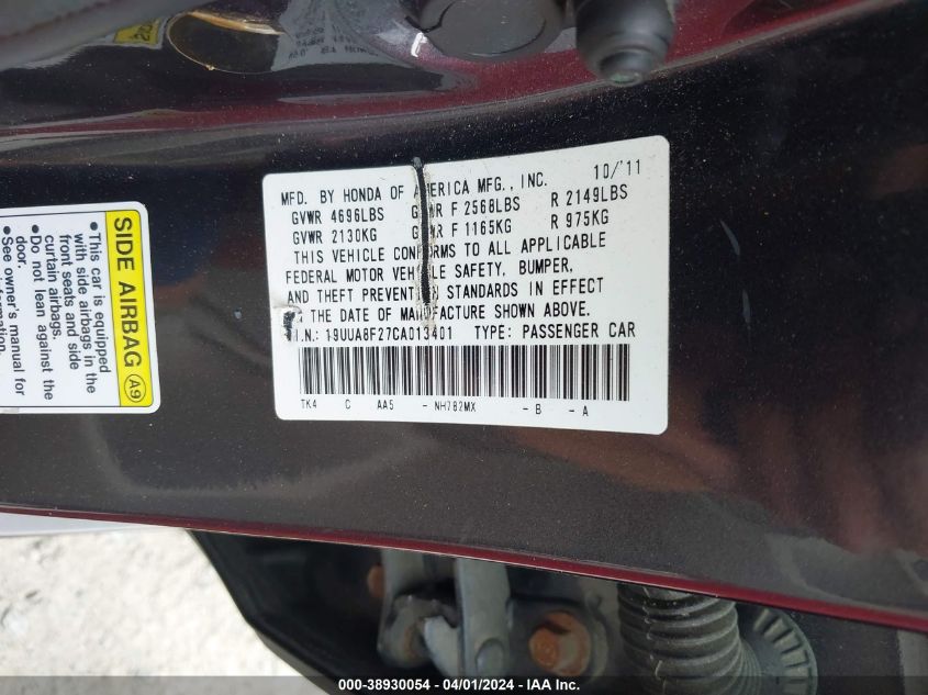 19UUA8F27CA013401 2012 Acura Tl 3.5