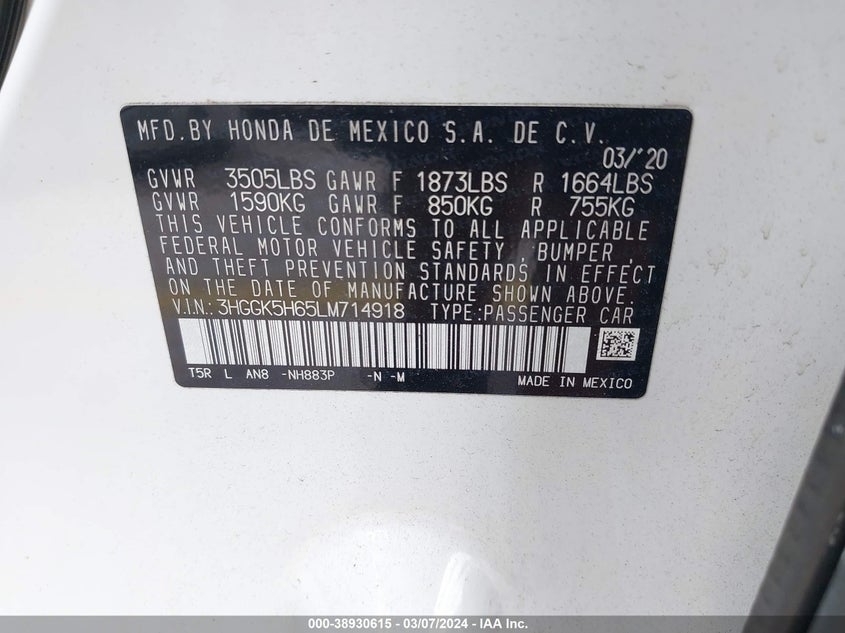 VIN 3HGGK5H65LM714918 2020 HONDA FIT SPORT