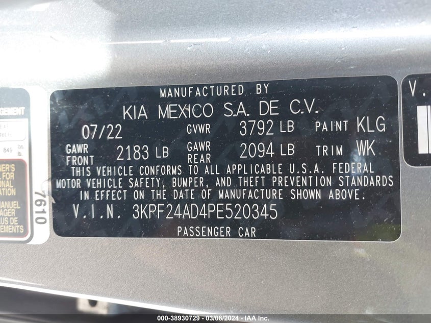 VIN 3KPF24AD4PE520345 2023 KIA FORTE LX/LXS