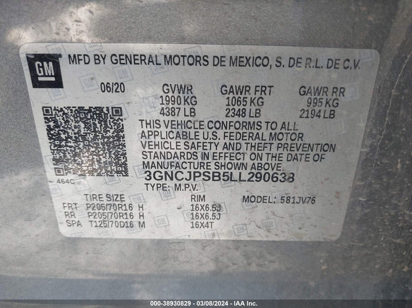 VIN 3GNCJPSB5LL290638 2020 CHEVROLET TRAX 1LT