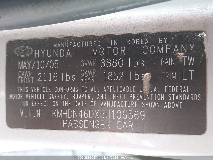 KMHDN46DX5U136569 2005 Hyundai Elantra Gls/Gt