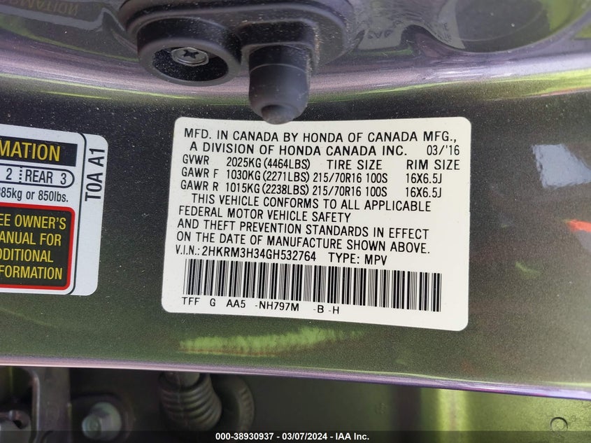 2016 HONDA CR-V LX - 2HKRM3H34GH532764