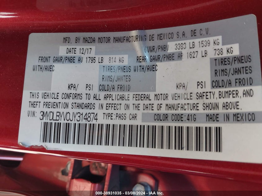 VIN 3MYDLBYV0JY314874 2018 TOYOTA YARIS IA