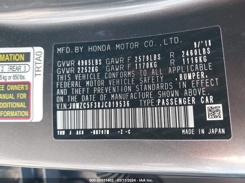VIN JHMZC5F38JC019536 2018 HONDA CLARITY PLUG-IN HYBRID TOURING