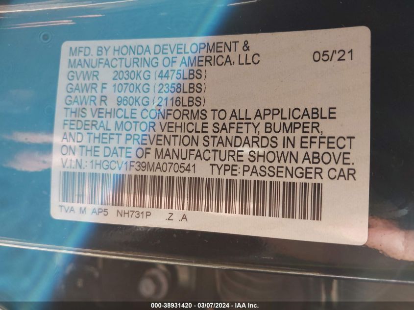 2021 Honda Accord Sport VIN: 1HGCV1F39MA070541 Lot: 38931420
