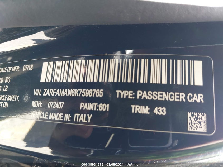 2019 ALFA ROMEO GIULIA - ZARFAMAN6K7598765