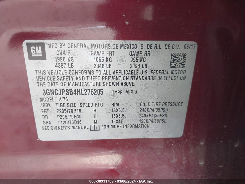 2017 CHEVROLET TRAX LT - 3GNCJPSB4HL276205