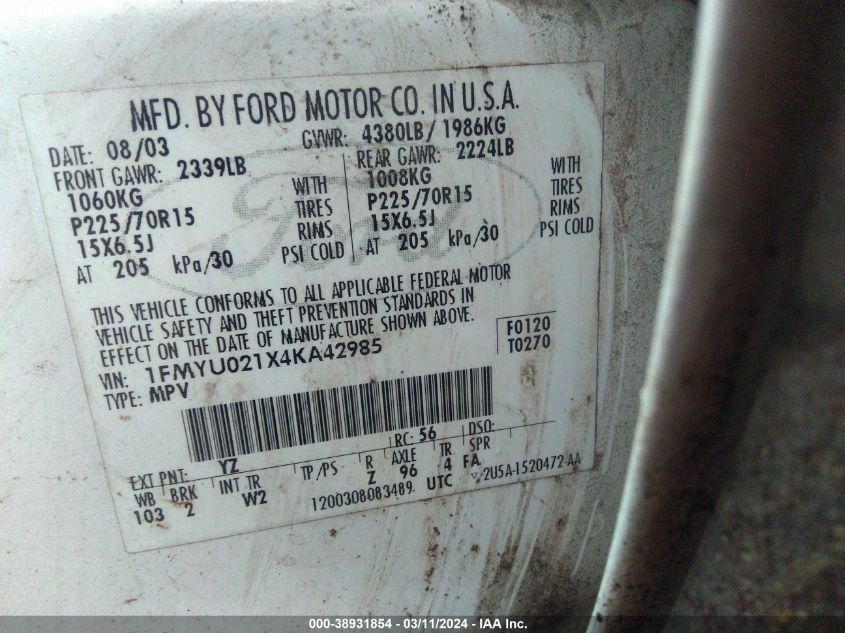 1FMYU021X4KA42985 2004 Ford Escape Xls