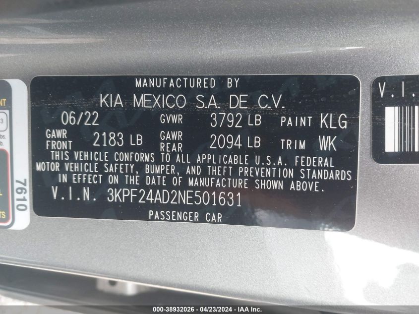 2022 Kia Forte Lxs VIN: 3KPF24AD2NE501631 Lot: 38932026