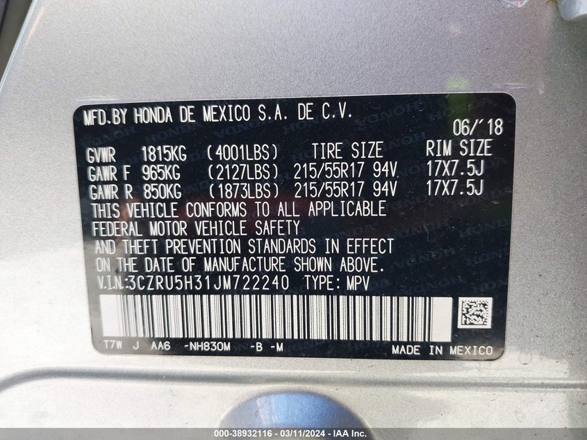 VIN 3CZRU5H31JM722240 2018 HONDA HR-V LX