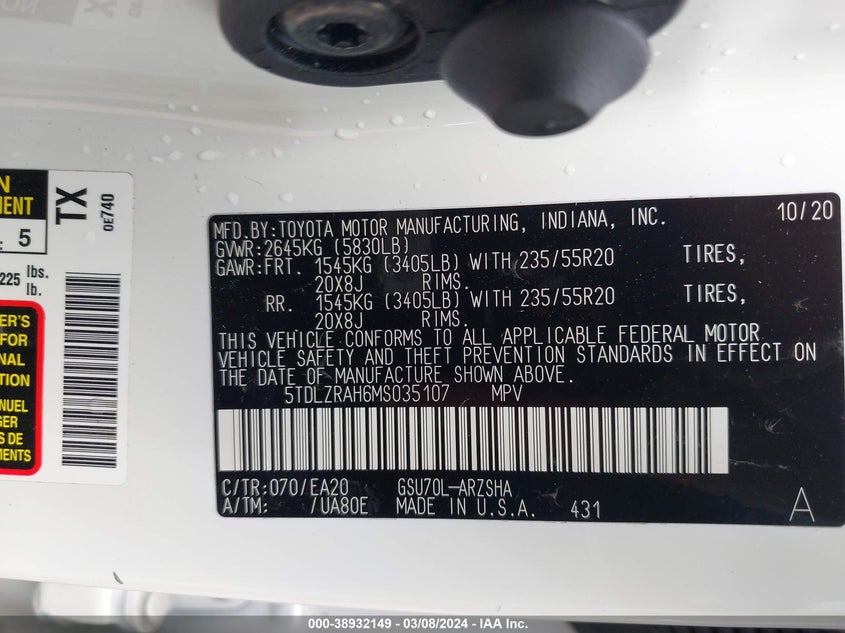 2021 TOYOTA HIGHLANDER VIN: 5TDLZRAH6MS035107