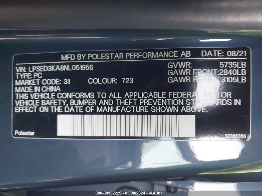 VIN LPSED3KA8NL051956 2022 POLESTAR 2 LONG RANGE DUAL MOTOR