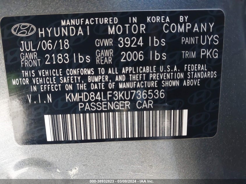 VIN KMHD84LF3KU736536 2019 HYUNDAI ELANTRA SEL/VALUE/LIMITED