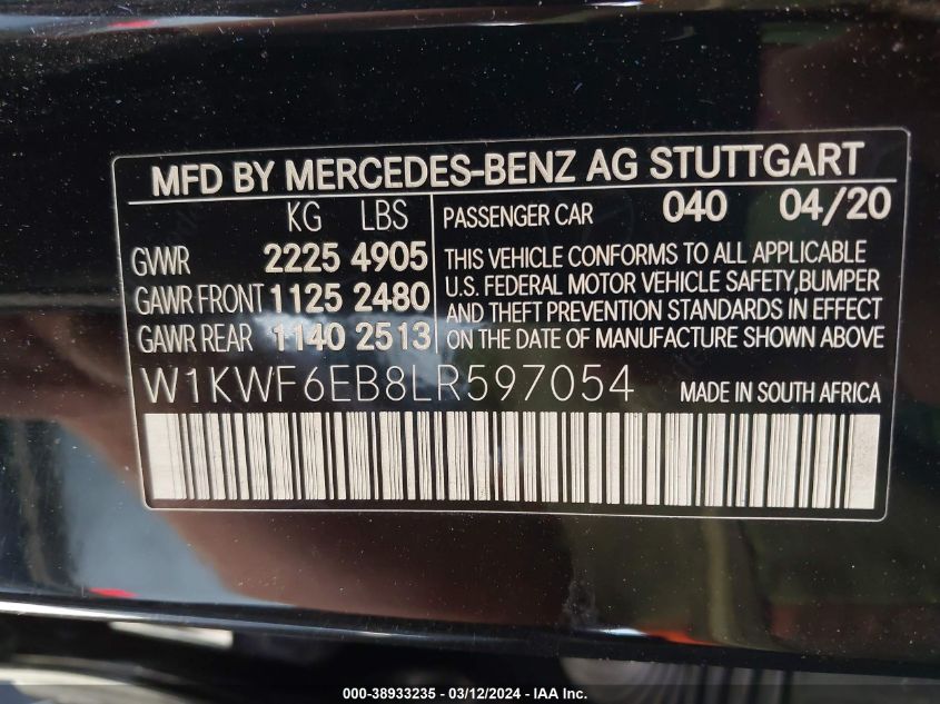 VIN W1KWF6EB8LR597054 2020 Mercedes-Benz AMG C 43,... no.9