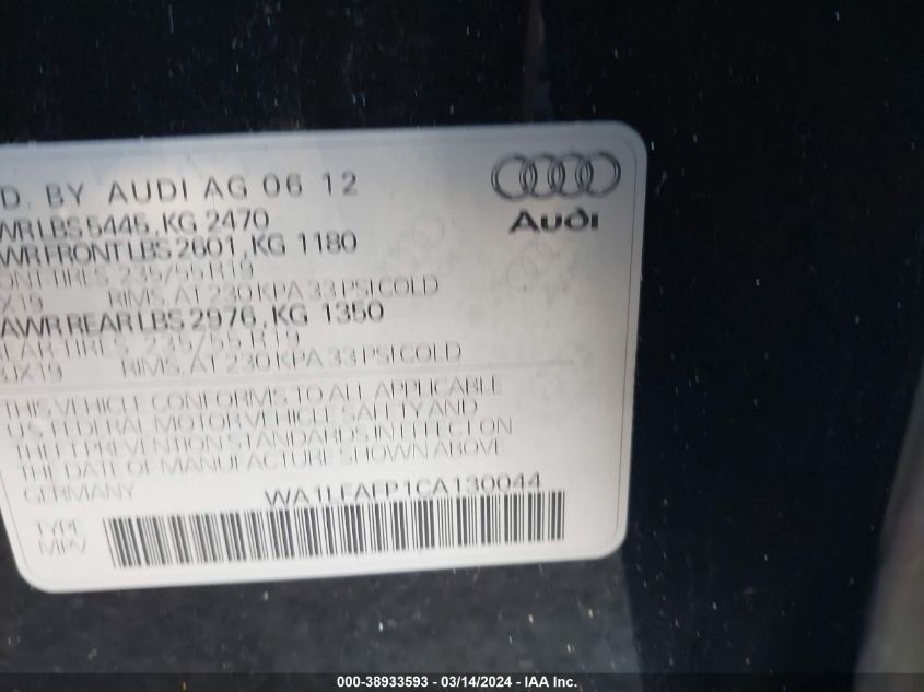 2012 Audi Q5 2.0T Premium VIN: WA1LFAFP1CA130044 Lot: 38933593