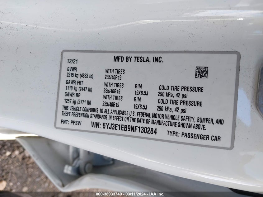 VIN 5YJ3E1EB9NF130284 2022 TESLA MODEL 3