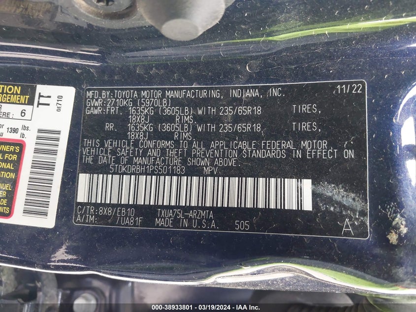 2023 TOYOTA HIGHLANDER VIN: 5TDKDRBH1PS501183