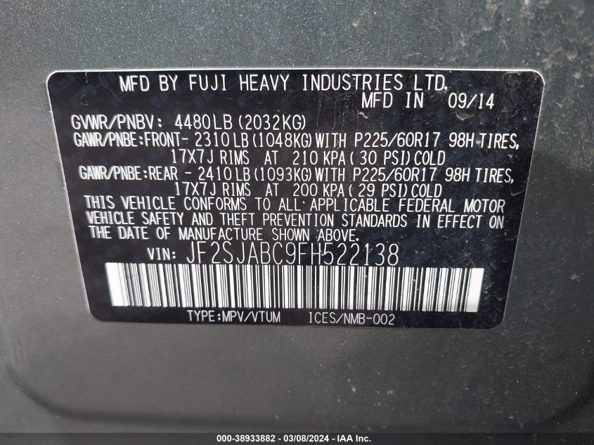 2015 Subaru Forester 2.5I VIN: JF2SJABC9FH522138 Lot: 38933882