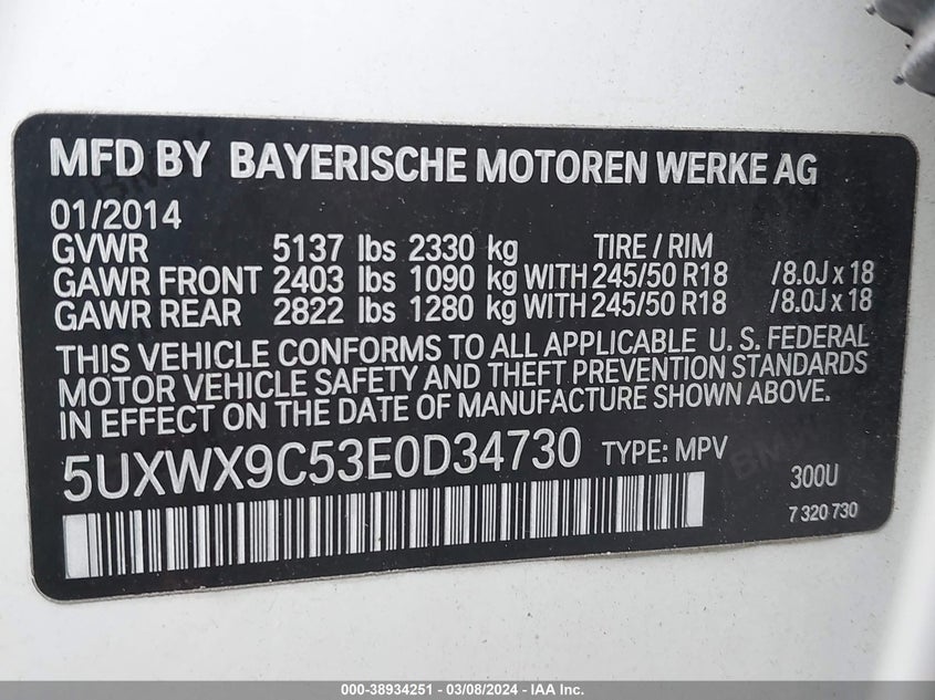 2014 BMW X3 VIN: 5UXWX9C53E0D34730