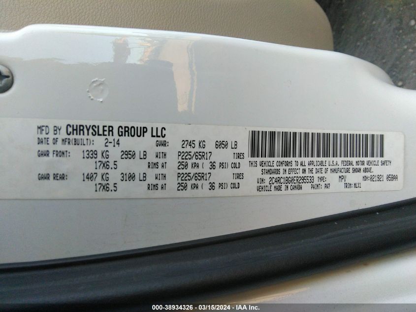 2014 Chrysler Town & Country Touring VIN: 2C4RC1BG0ER295533 Lot: 38934326