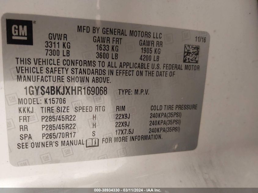 2017 Cadillac Escalade Luxury VIN: 1GYS4BKJXHR169068 Lot: 38934330