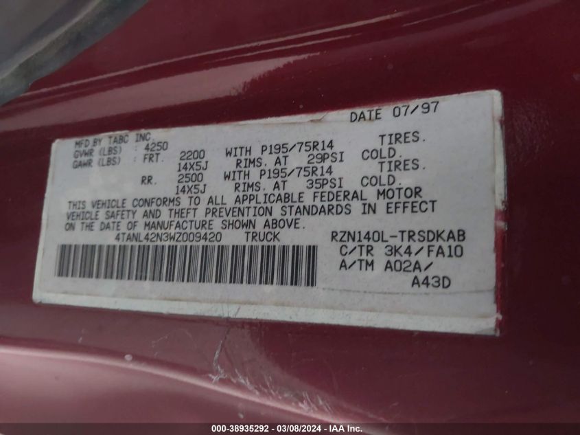 1998 Toyota Tacoma VIN: 4TANL42N3WZ009420 Lot: 38935292