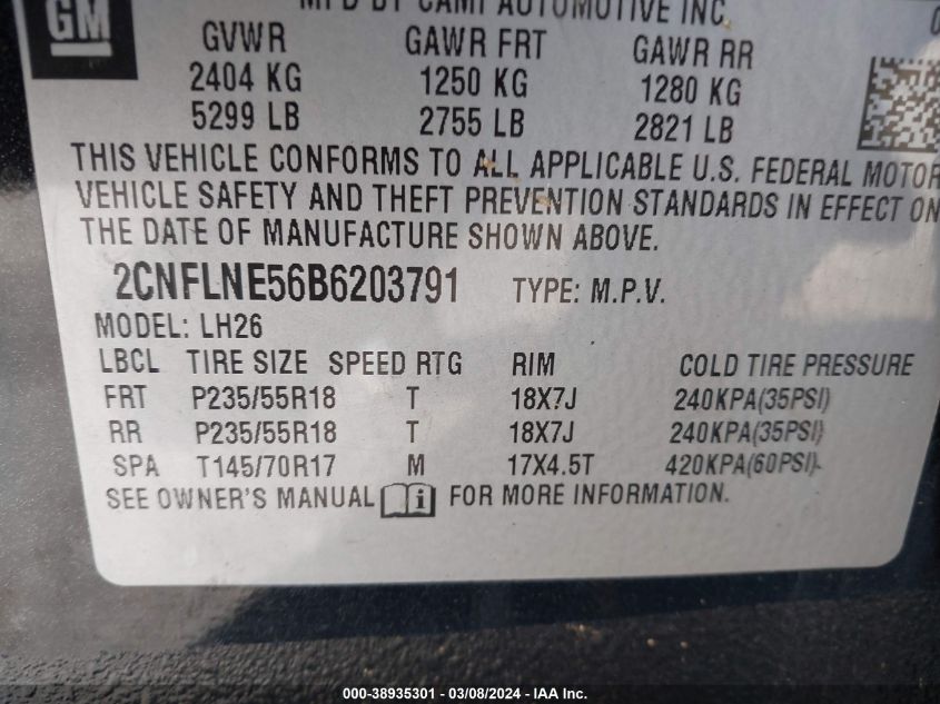 2CNFLNE56B6203791 2011 Chevrolet Equinox 2Lt