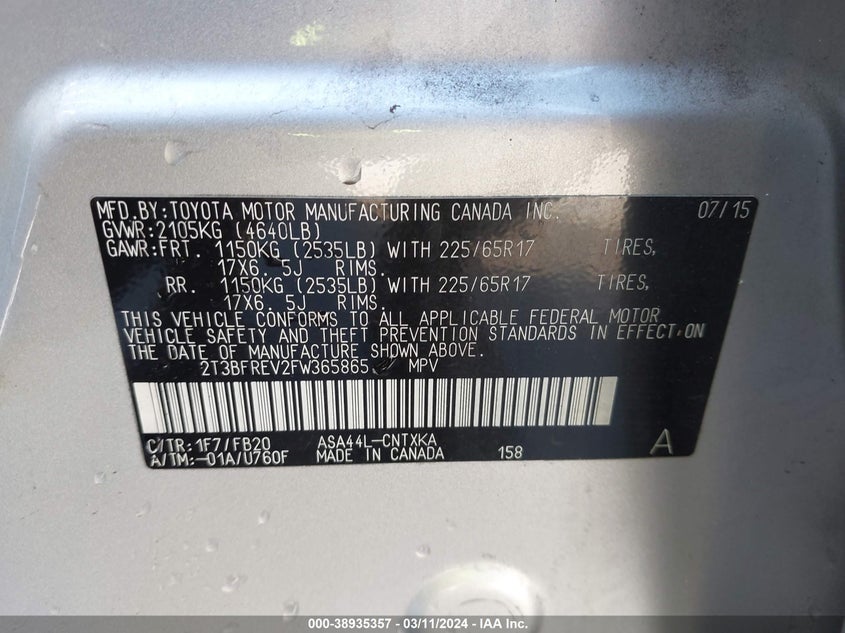 2015 TOYOTA RAV4 LE - 2T3BFREV2FW365865