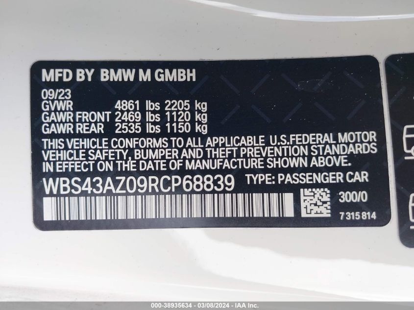 2024 BMW M4 Competition xDrive VIN: WBS43AZ09RCP68839 Lot: 38935634